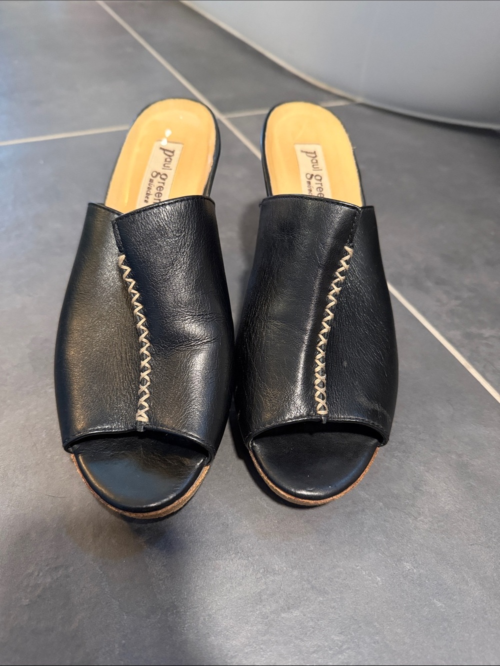 Paul Green 6.5, US 9 Black Leather Open-Toe Mule with Contrasting Stitch Detail